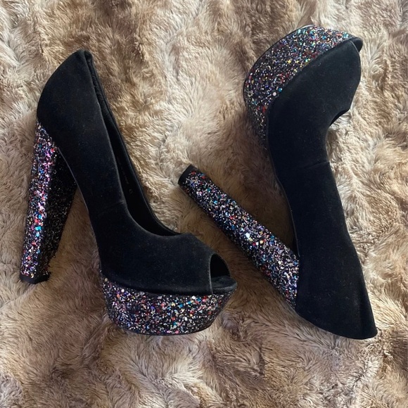 Asos Black Suede Glitter Peep Toe Pumps - Picture 2 of 4